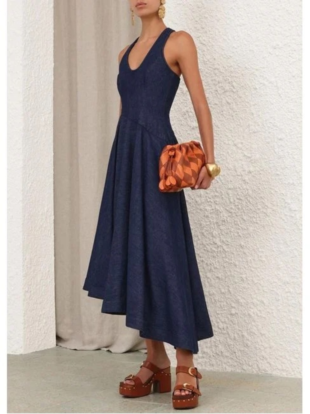 ZIMMERMANN Denim Scoop Neck MIDI Dress